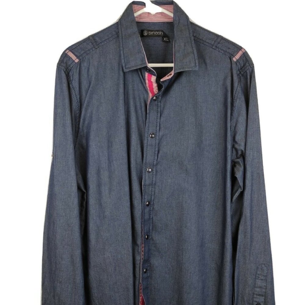 Smash Dress Shirt Men Size S Blue Denim Shirt Long Sleeve Striped Red White